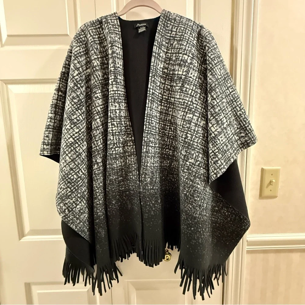 Black White Ombre Ruana Wrap Fringe Poncho Shawl Cardigan Cozy OS Layering Piece